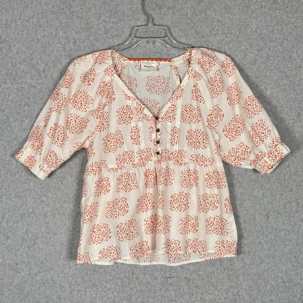 Anthropologie Moglea Womens XS White Orange Cotton Puff Sleeve Ruffle Blouse